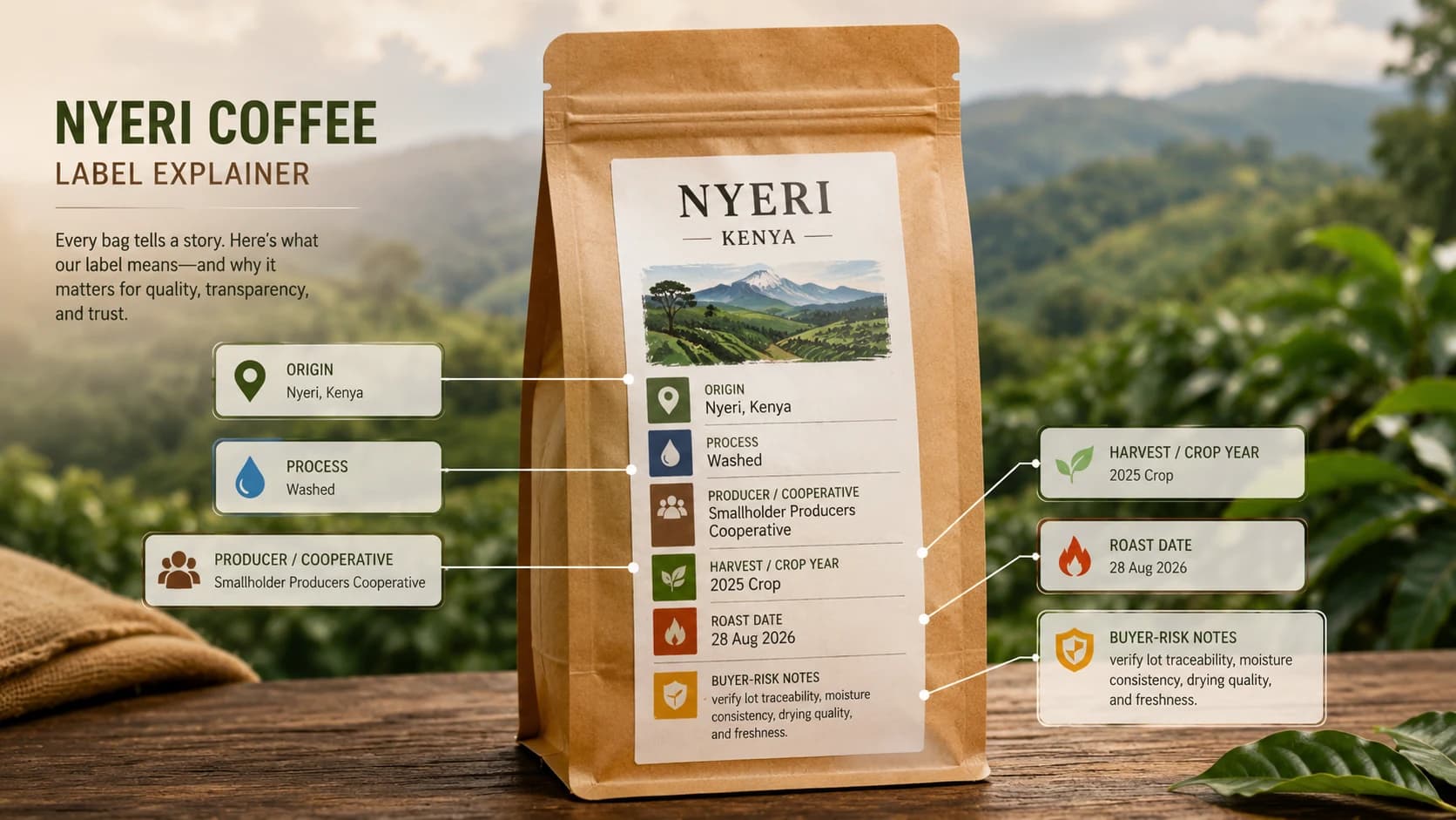 Nyeri coffee label checklist showing origin, process and freshness checks