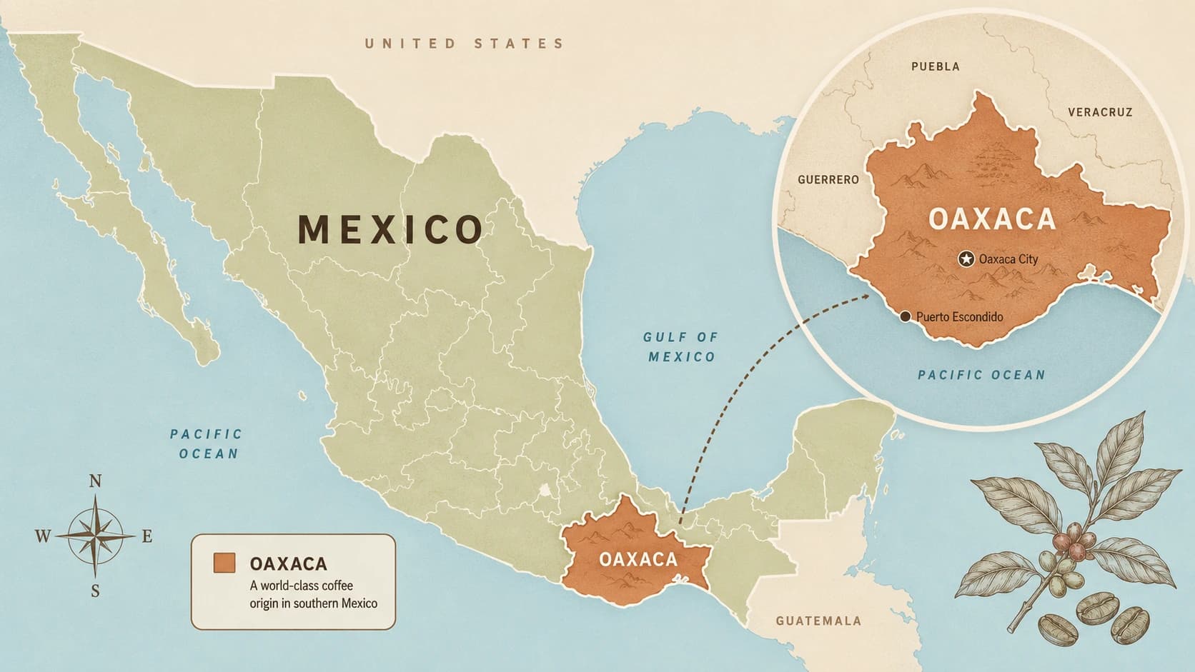Oaxaca coffee region map within Mexico