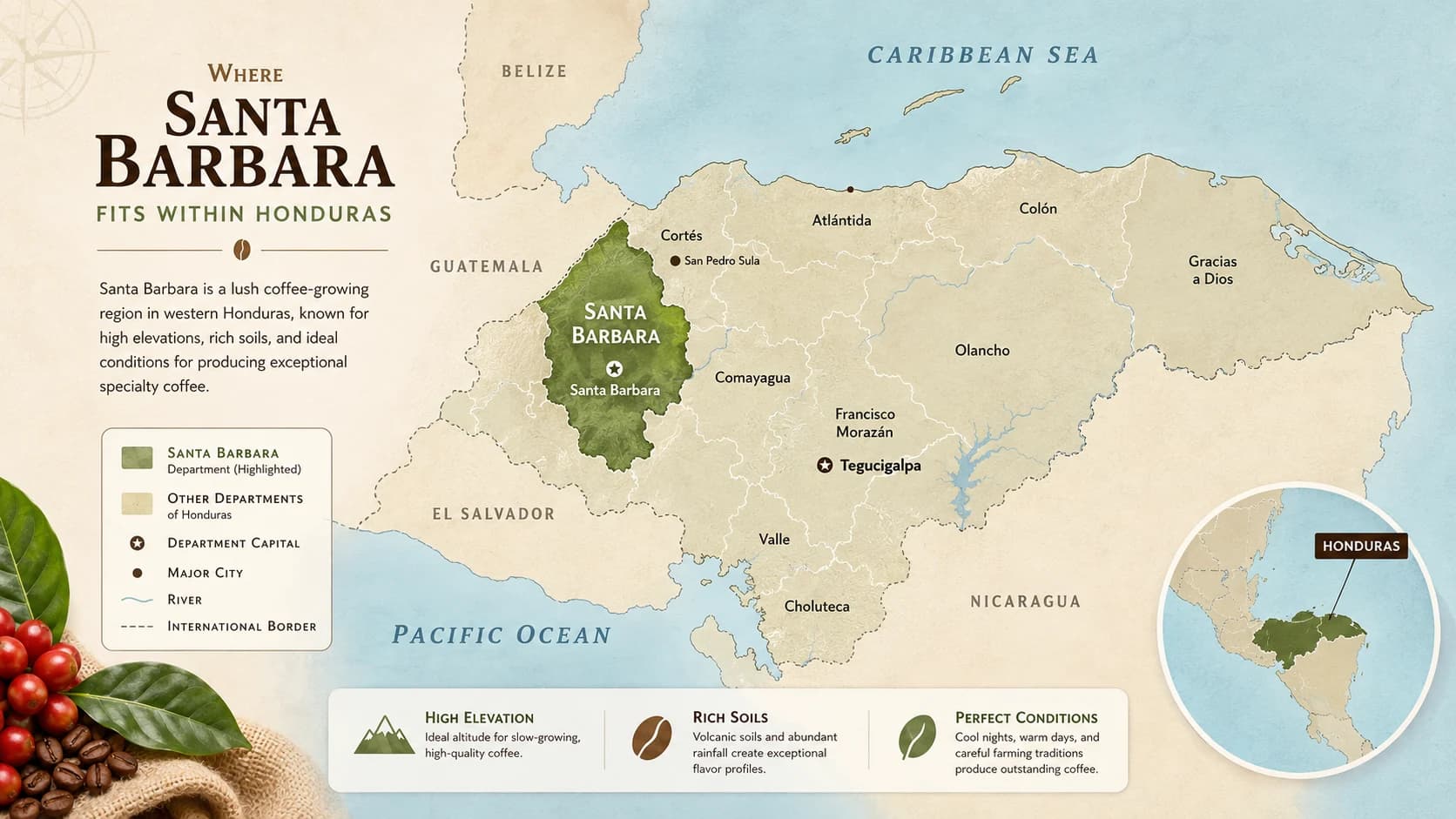 Santa Barbara coffee region map within Honduras