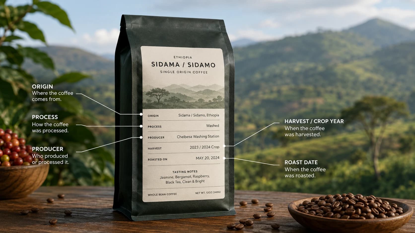 Sidama / Sidamo coffee label checklist showing origin, process and freshness checks