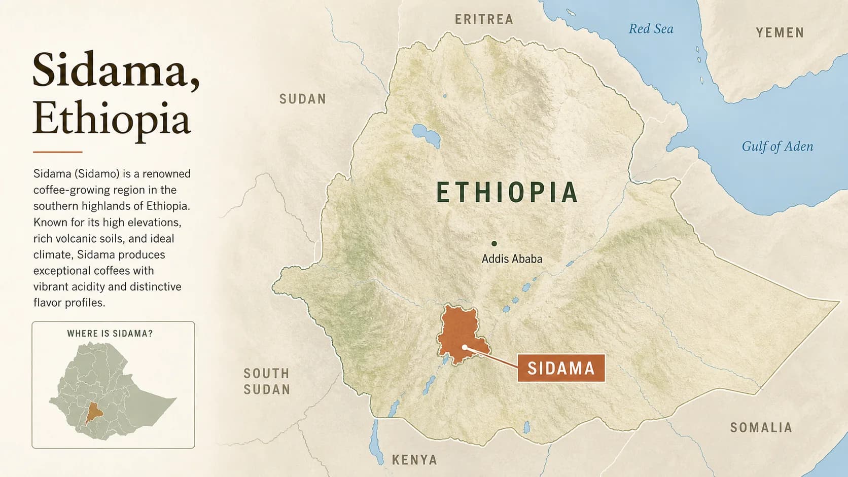 Sidama / Sidamo coffee region map within Ethiopia