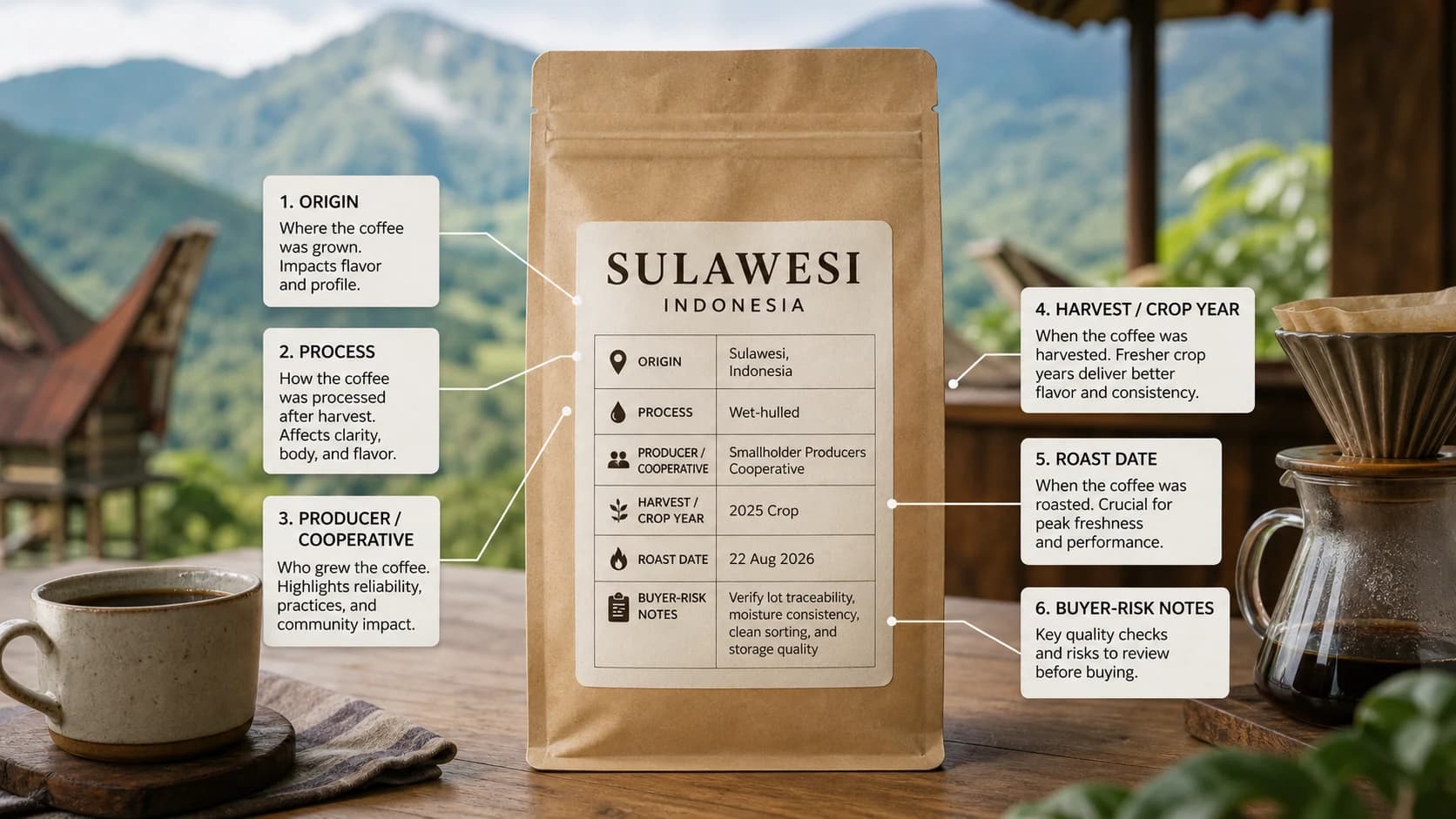 Sulawesi coffee label checklist showing origin, process and freshness checks