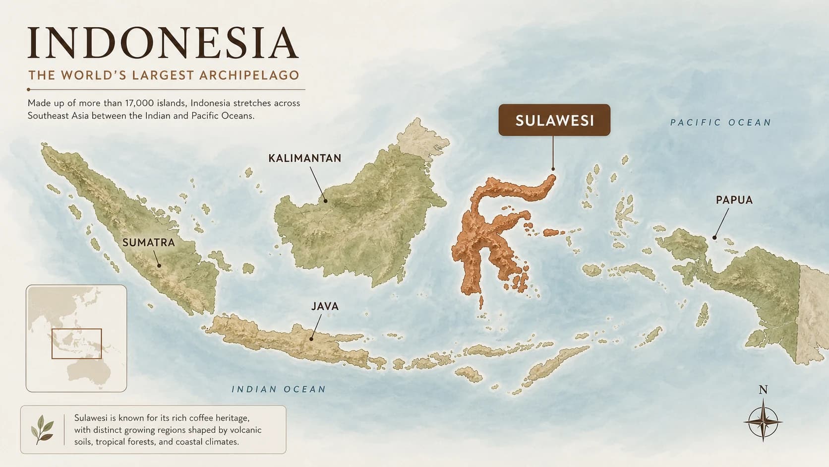 Sulawesi coffee region map within Indonesia