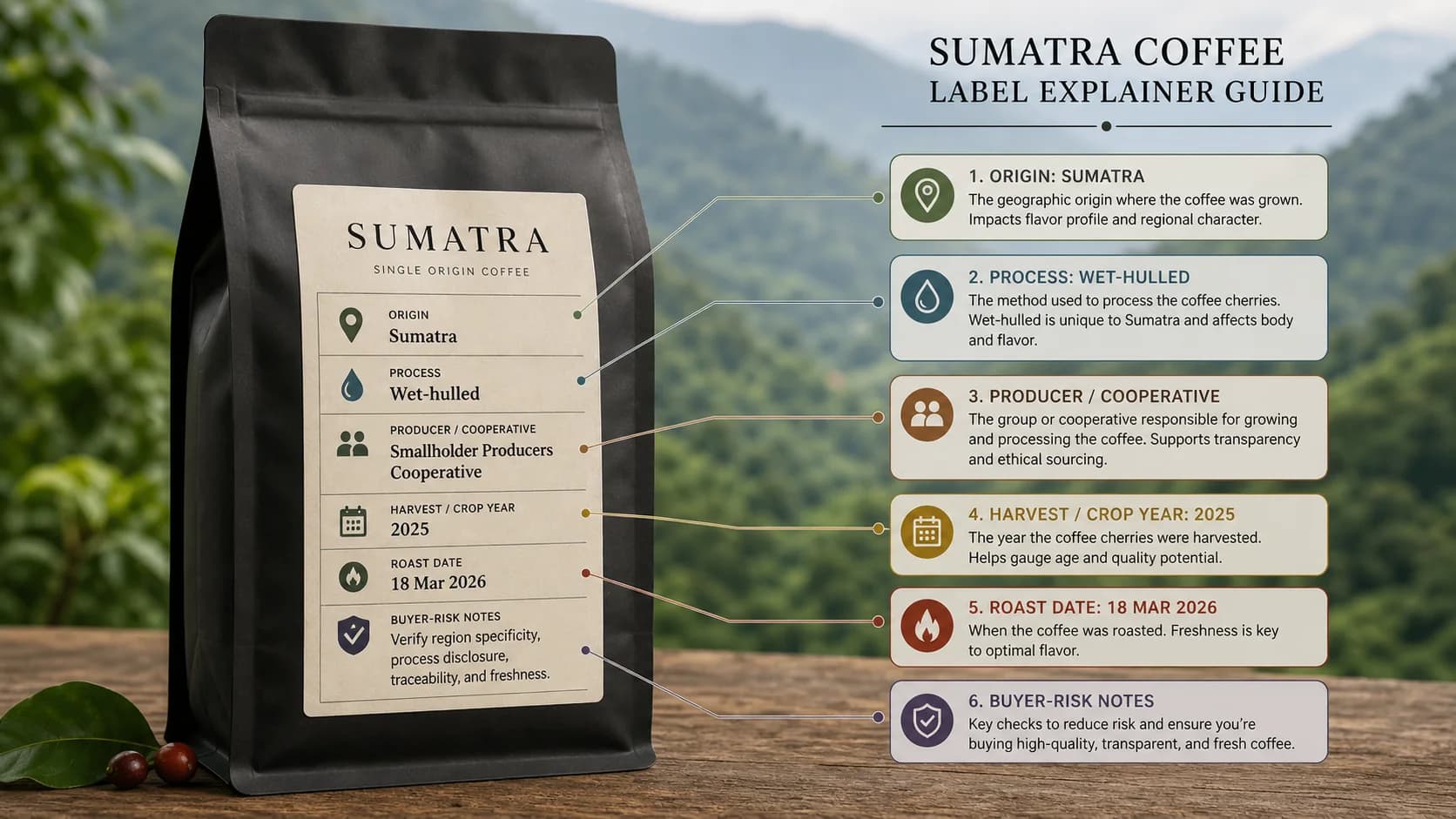 Sumatra coffee label checklist showing origin, process and freshness checks