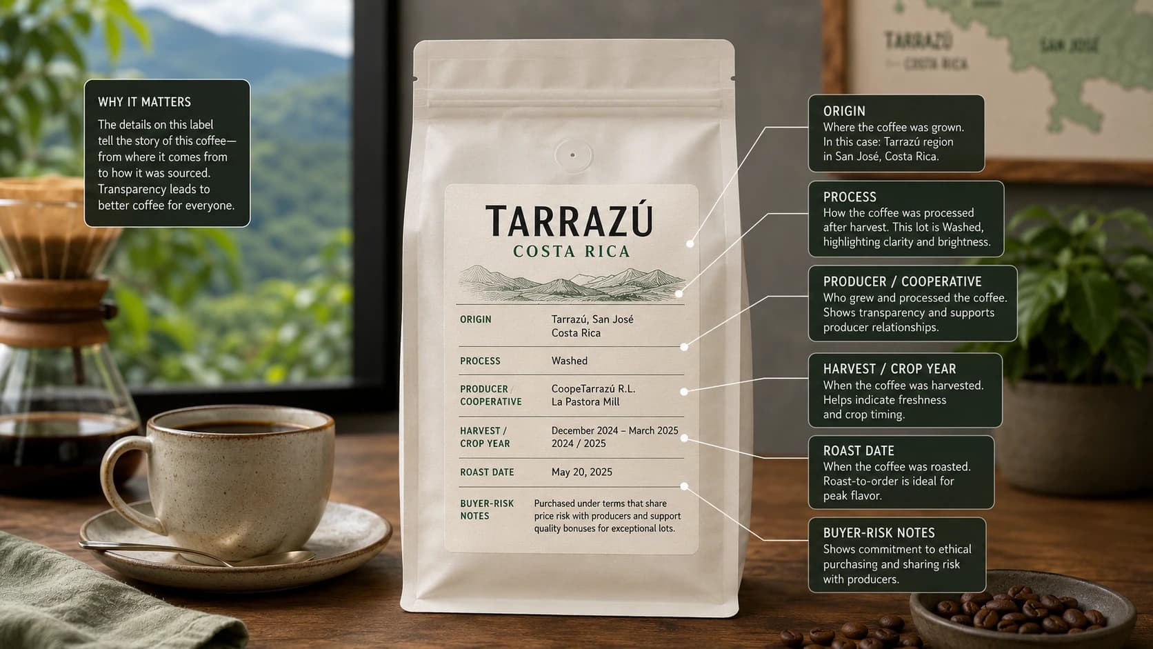 Tarrazu coffee label checklist showing origin, process and freshness checks