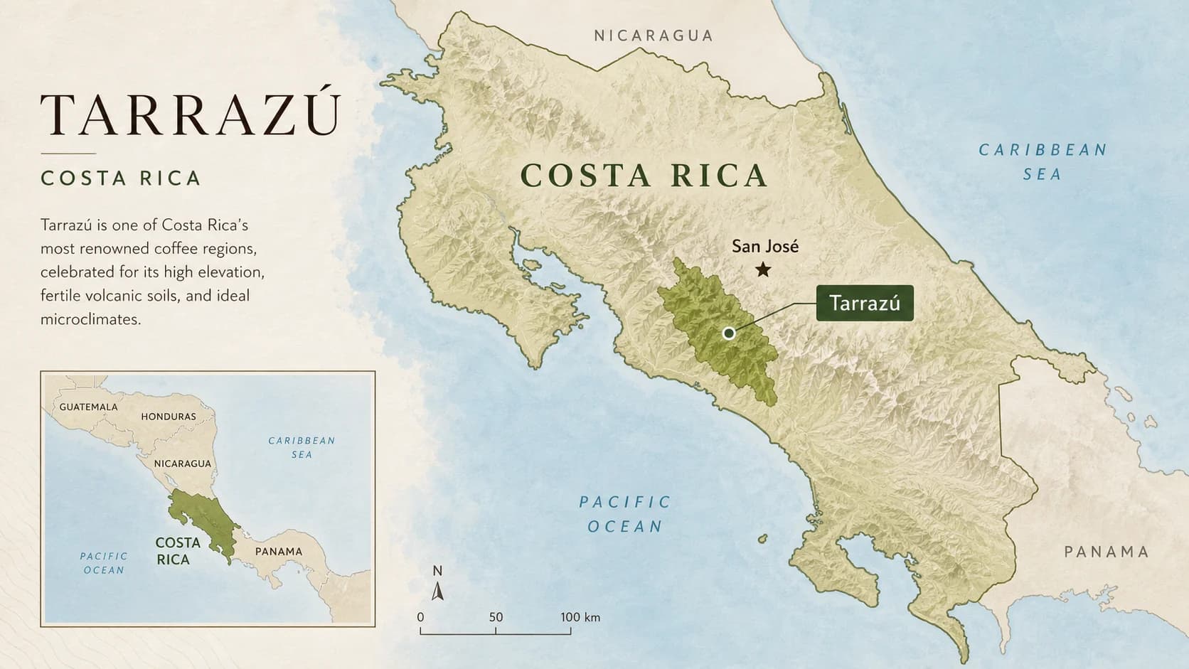 Tarrazú coffee region map within Costa Rica