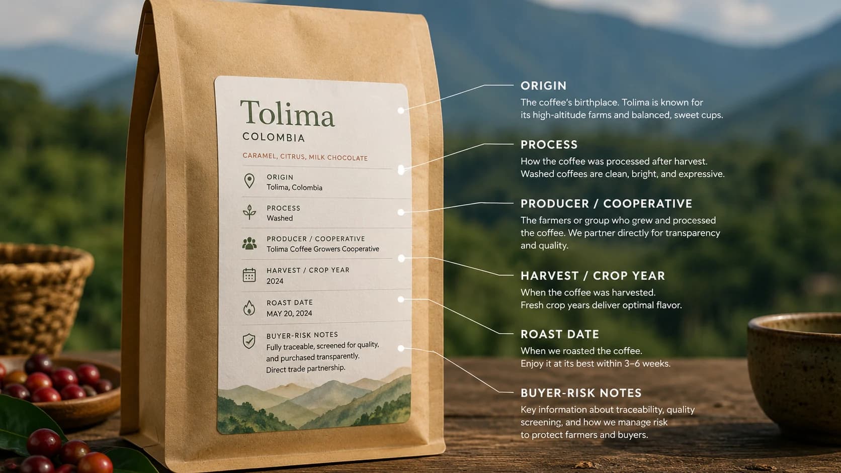 Coffee bag label checklist showing what to check before buying Tolima coffee