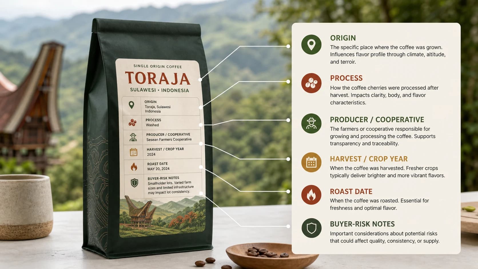 Toraja coffee label checklist showing origin, process and freshness checks