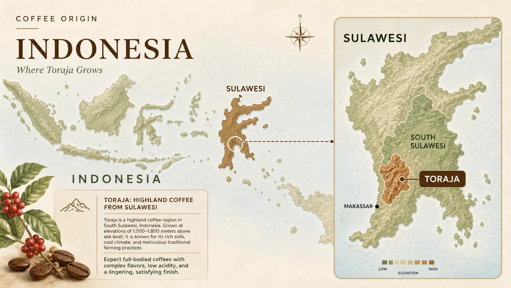 Toraja coffee region map within Indonesia