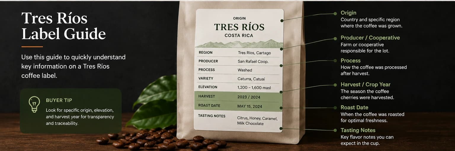 Tres Rios coffee label checklist showing origin, process and freshness checks