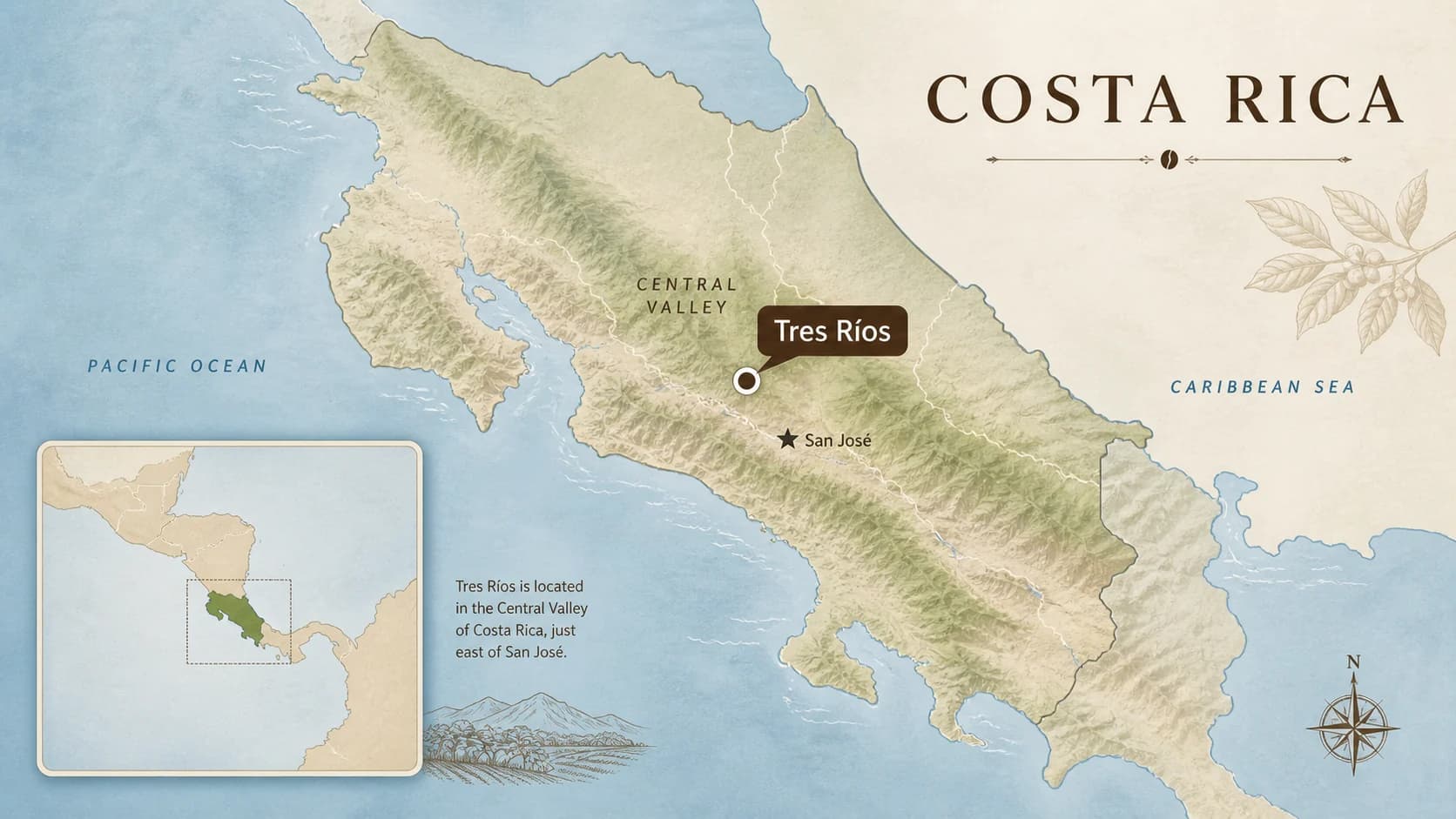 Locator map for Tres Ríos coffee within Costa Rica