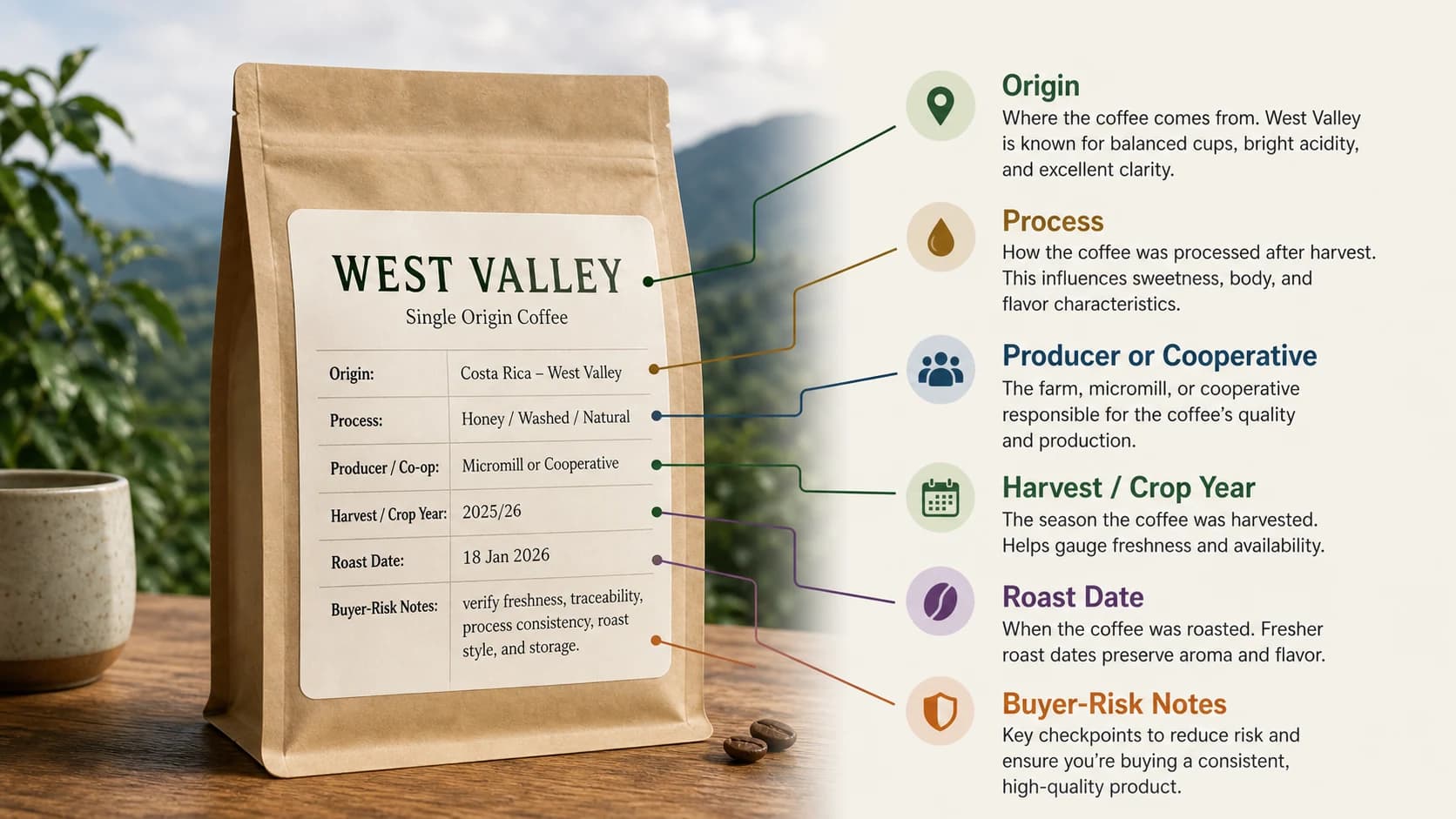 Coffee bag label checklist showing what to check before buying West Valley coffee