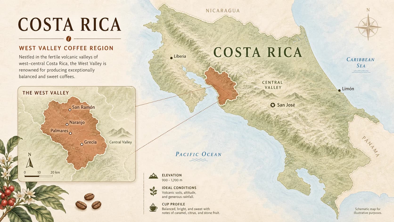 Locator map for West Valley coffee within Costa Rica