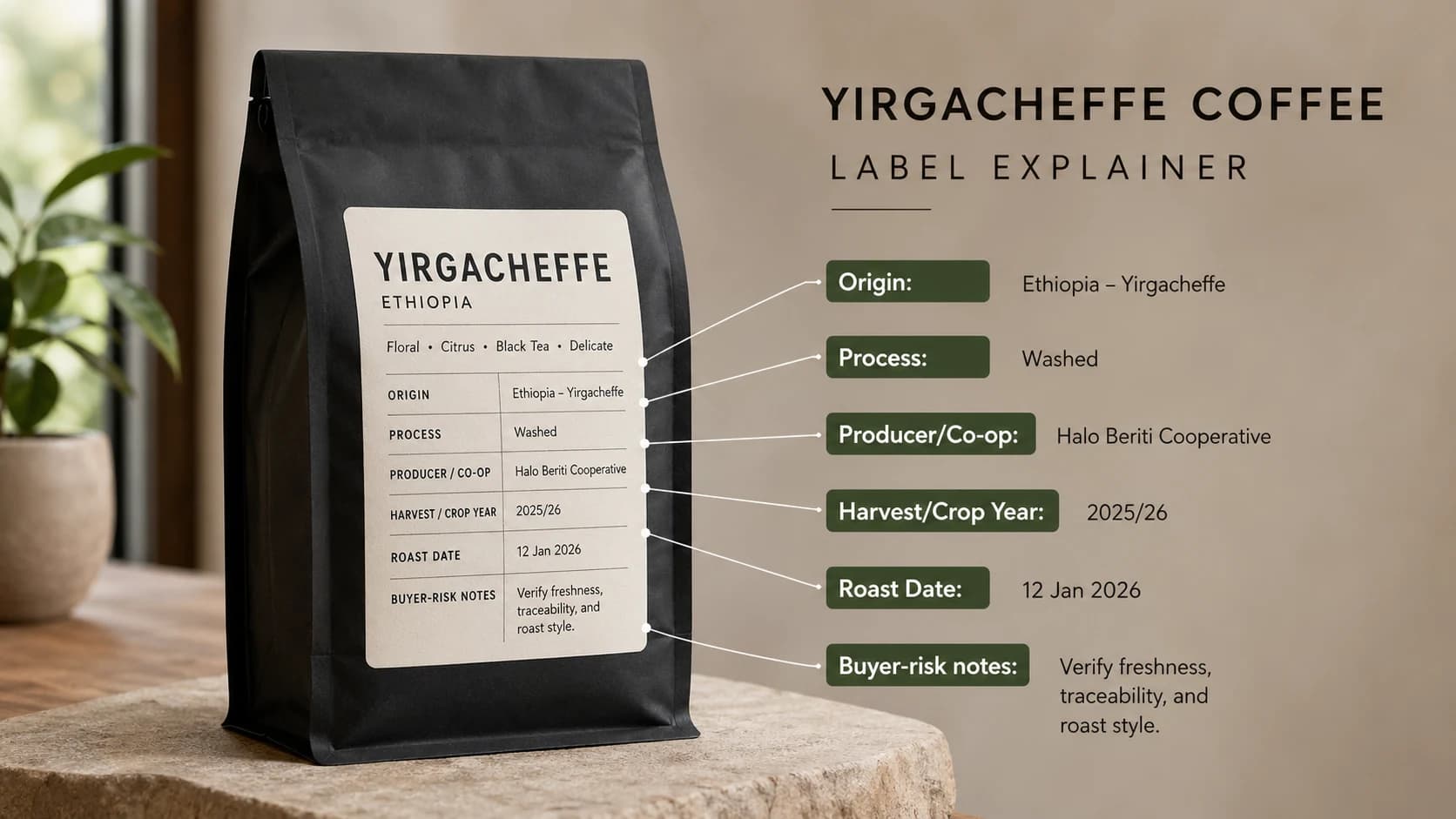 Yirgacheffe coffee label checklist showing origin, process and freshness checks