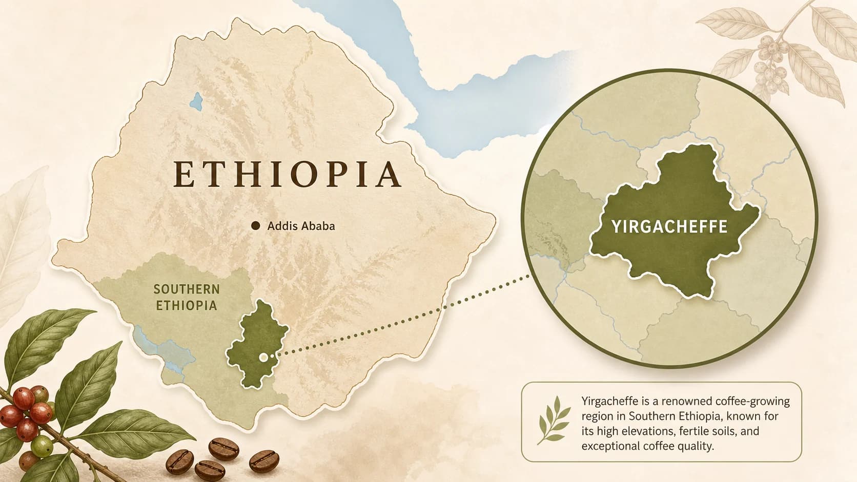 Yirgacheffe coffee region map within Ethiopia