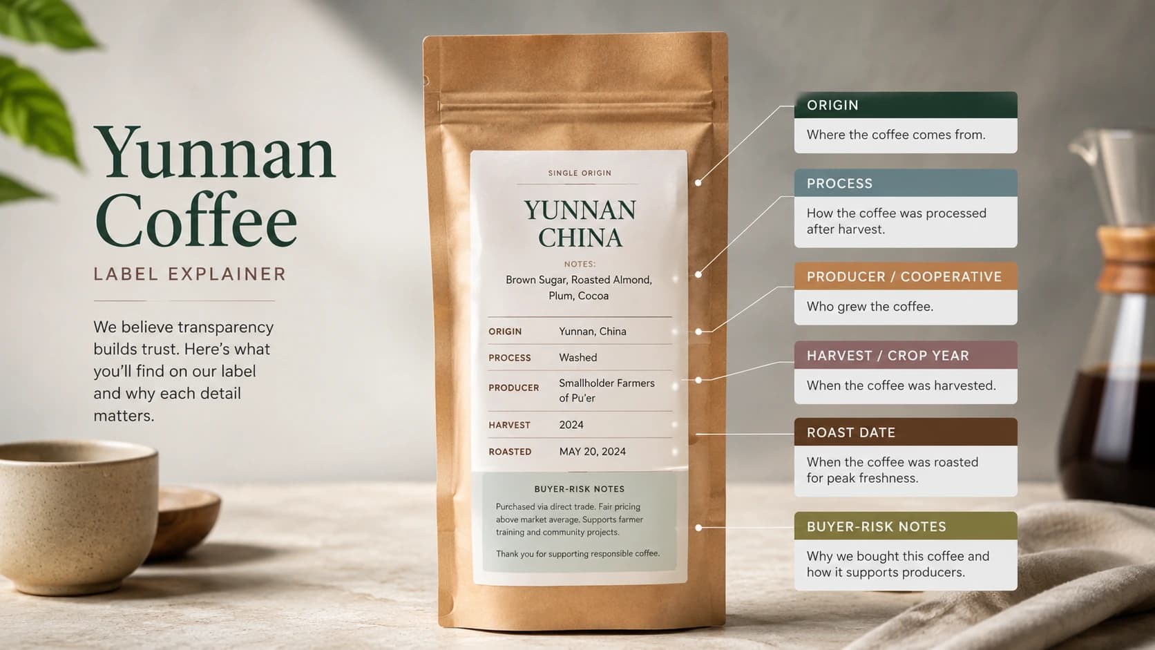 Yunnan coffee label checklist showing origin, process and freshness checks