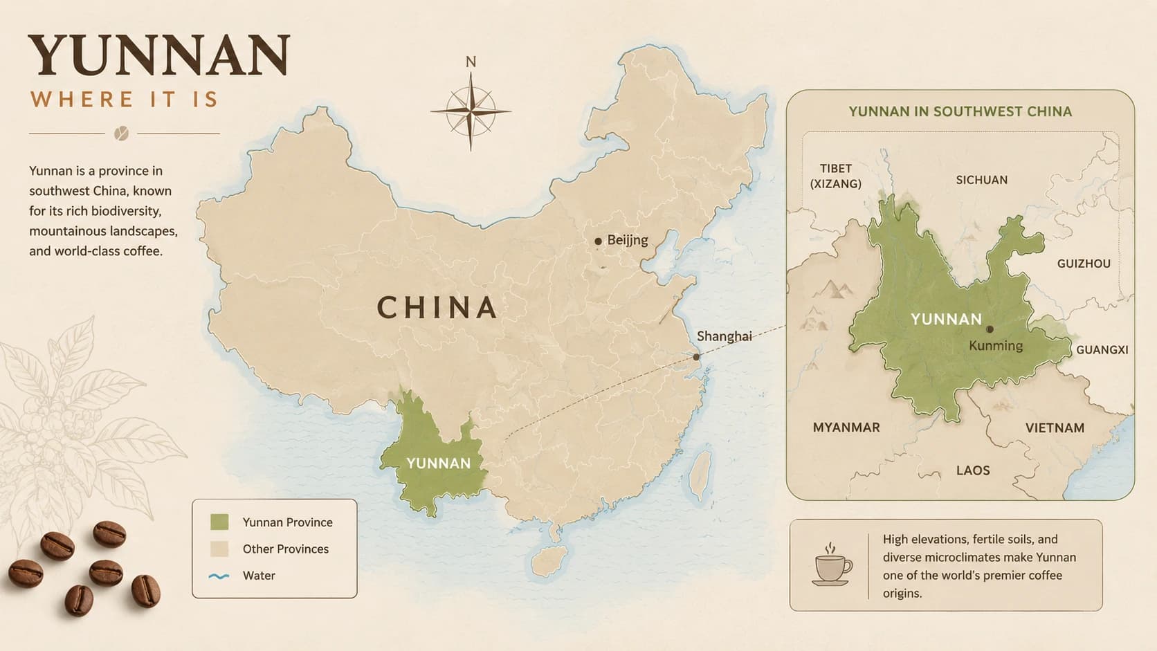 Yunnan coffee region map within China