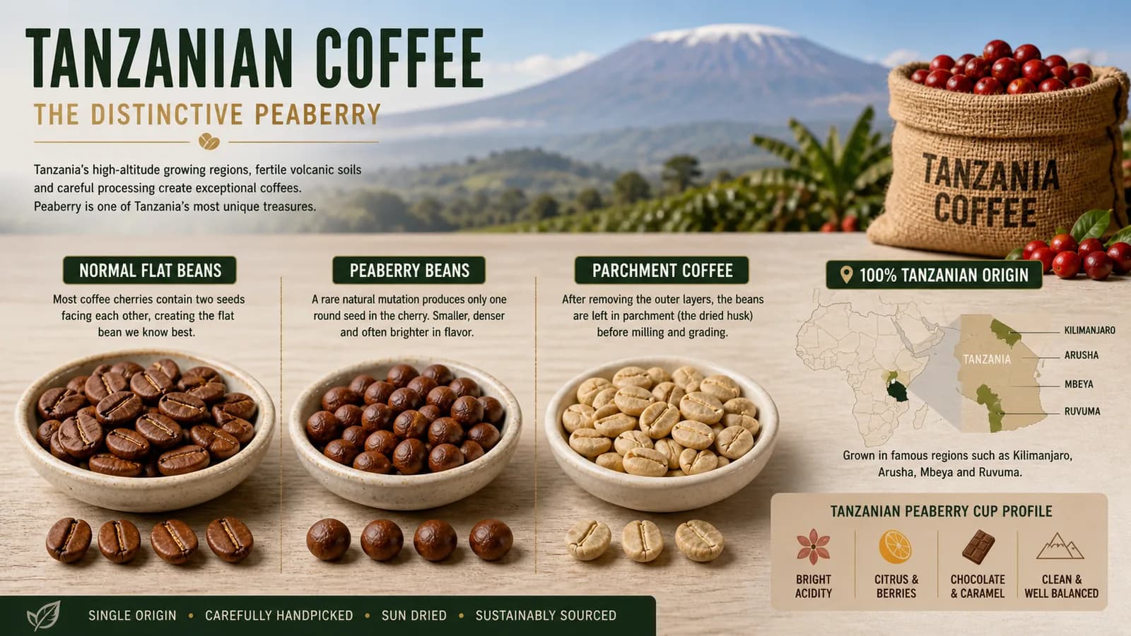 Illustration of coffee cherries and coffee drying on raised beds