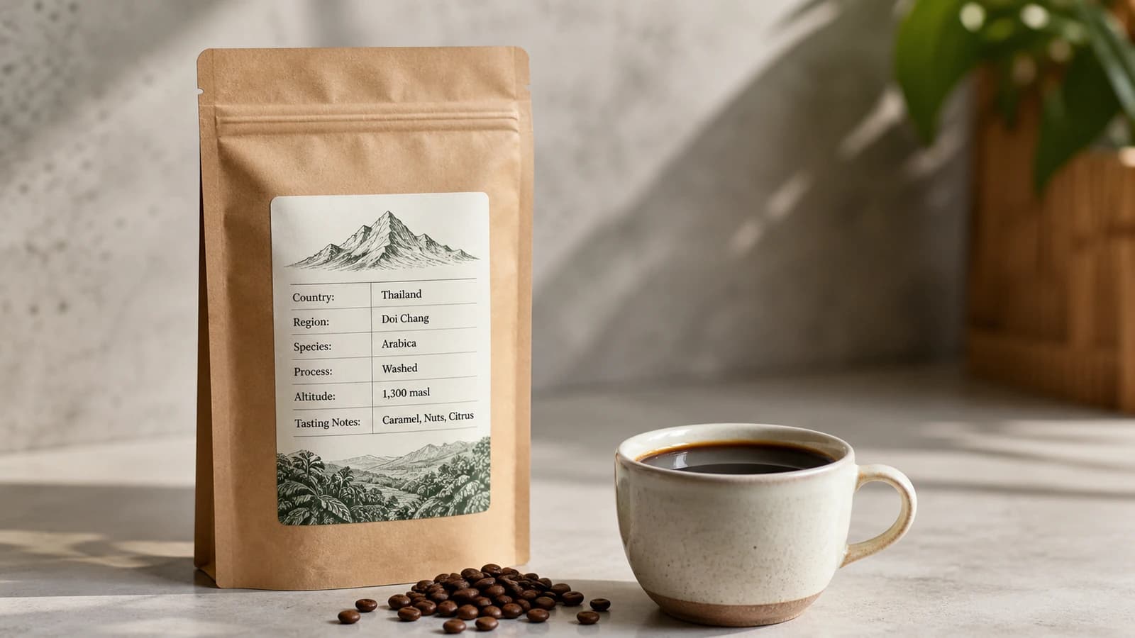 Illustrated Thailand coffee bag label checklist