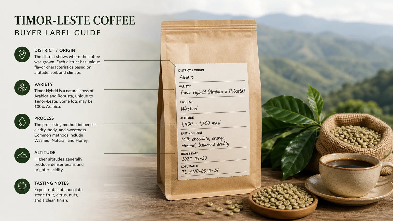 Illustrated Timor-Leste coffee label and variety explainer