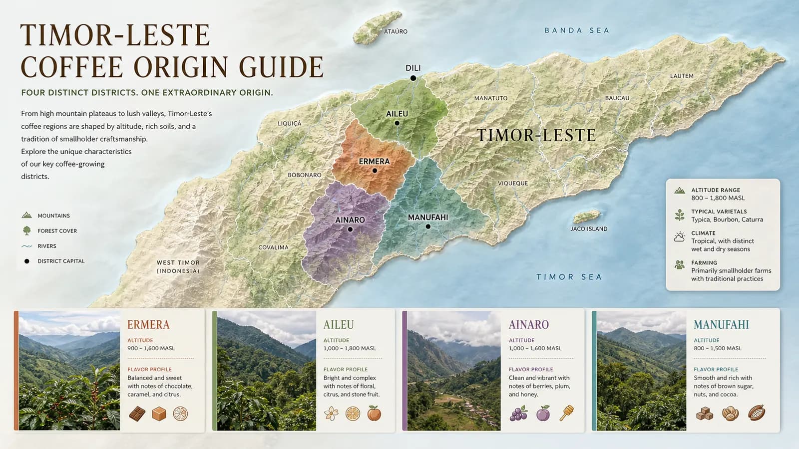 Illustrated overview of coffee-growing places in Timor-Leste