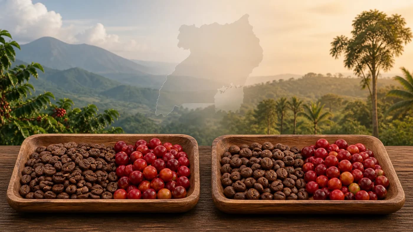 Illustration comparing Ugandan coffee cherries, roasted beans and a highland coffee landscape