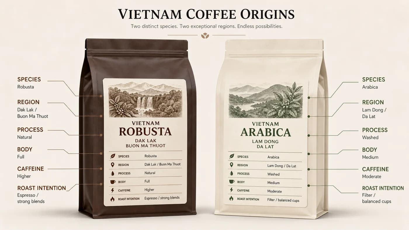 Vietnamese coffee bag label checklist showing region, species, process and brew-use clues