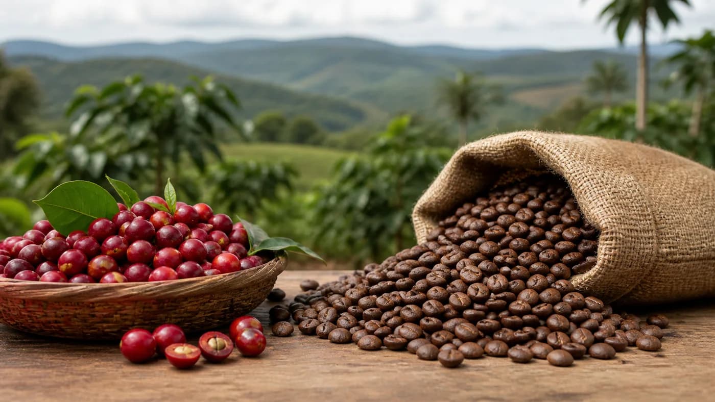 Vietnamese coffee cherries and roasted beans in a highland coffee landscape