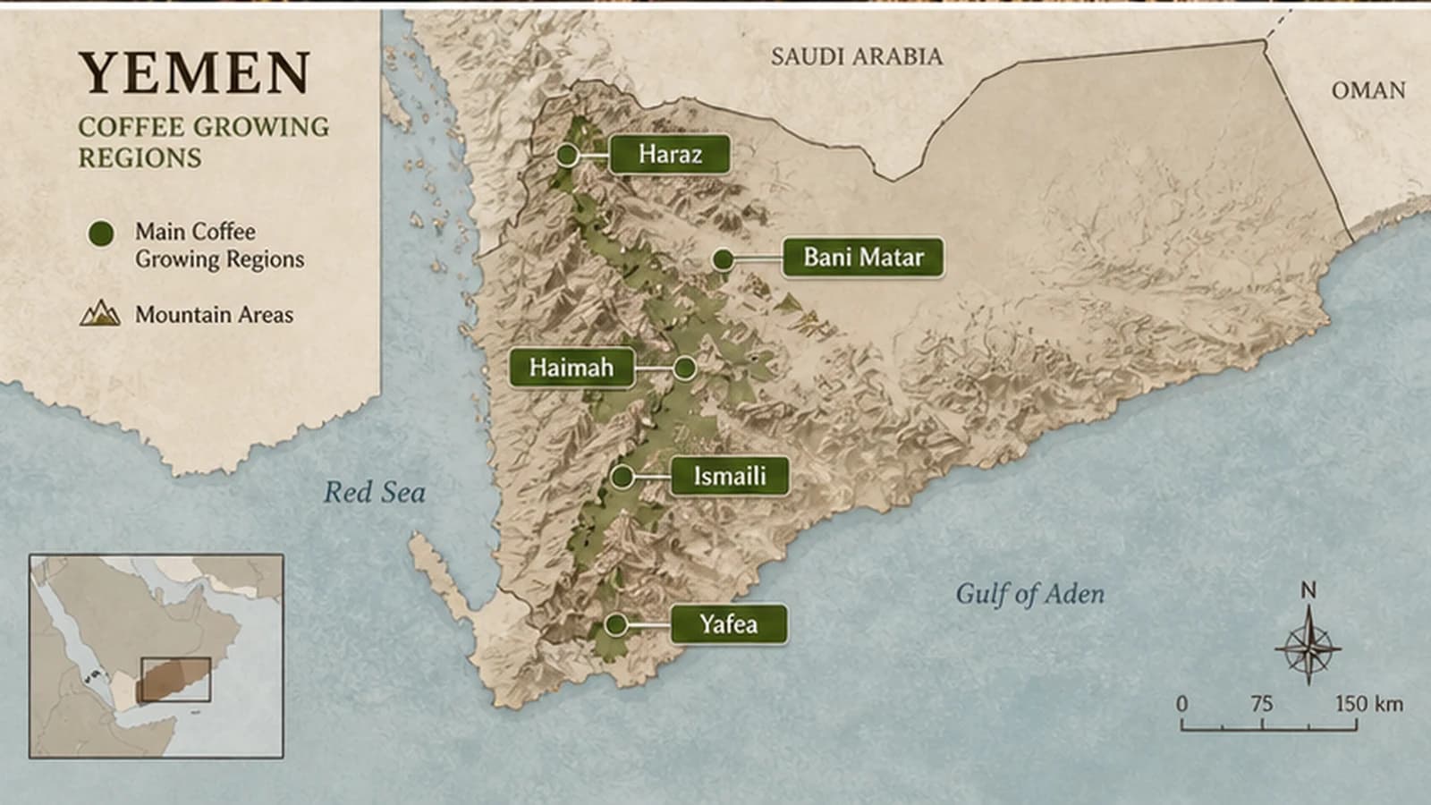 Map-style visual showing Yemeni coffee-growing regions