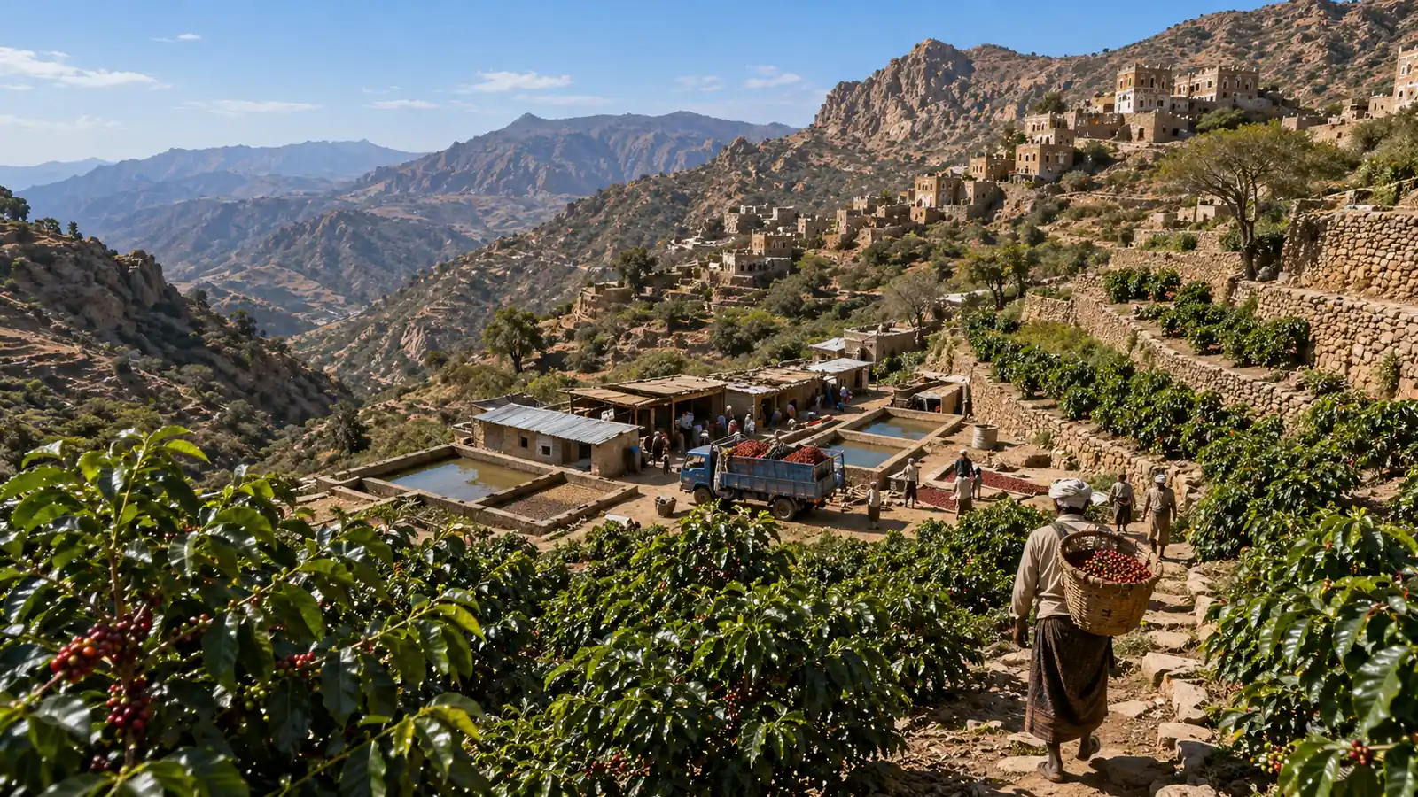 Illustrated Yemeni highland coffee terraces with ripe cherries and a mountain village