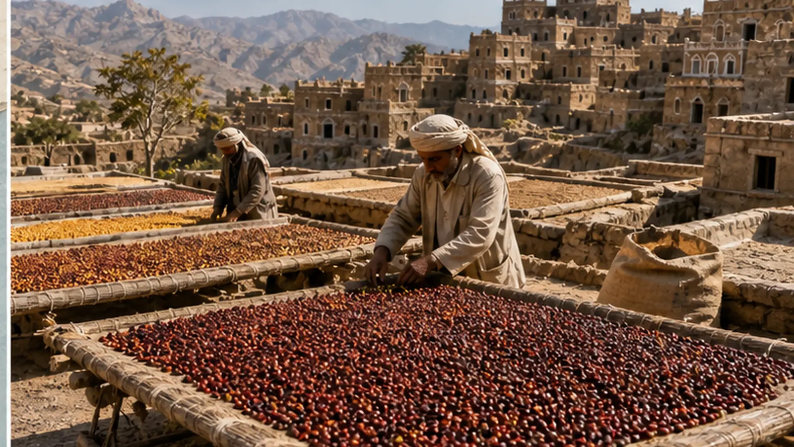 Yemeni coffee processing scene with coffee cherries and drying coffee