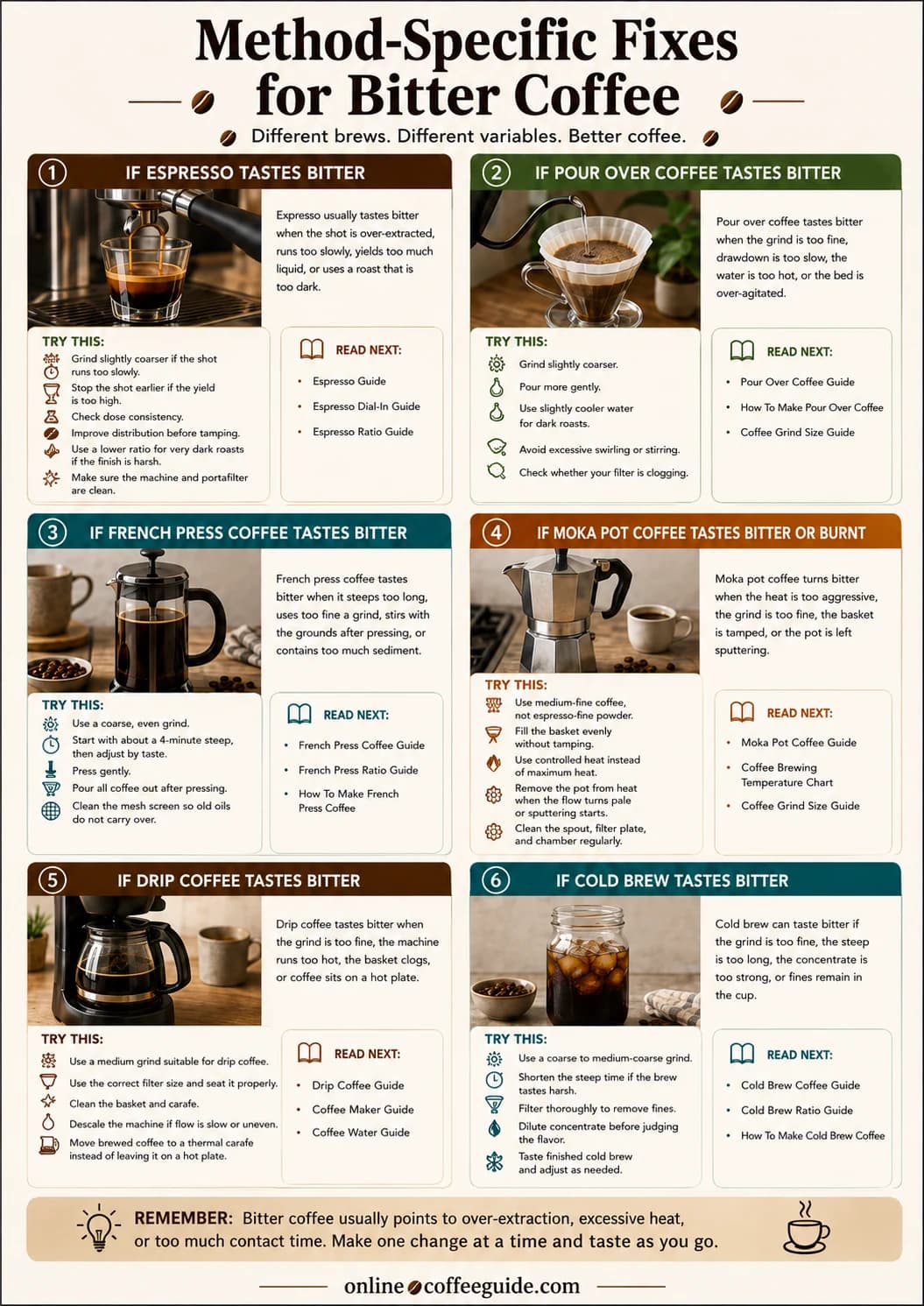 Infographic showing bitter coffee fixes for espresso, pour over, French press, moka pot, drip coffee, and cold brew