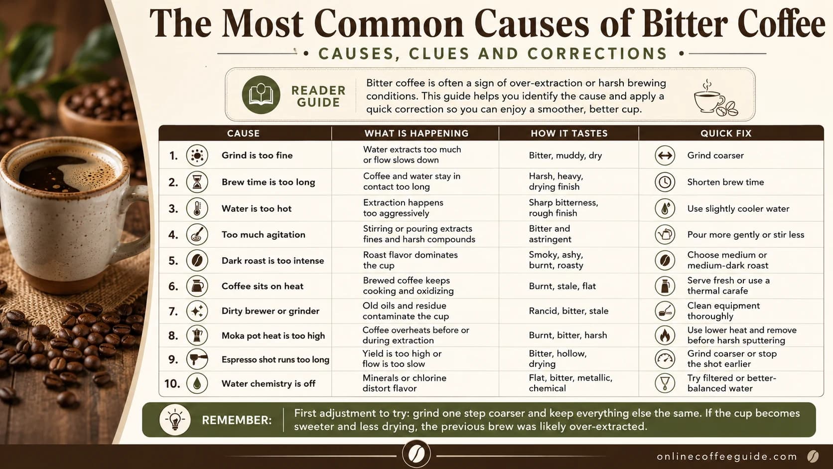 Infographic listing ten common causes of bitter coffee with taste clues and quick fixes