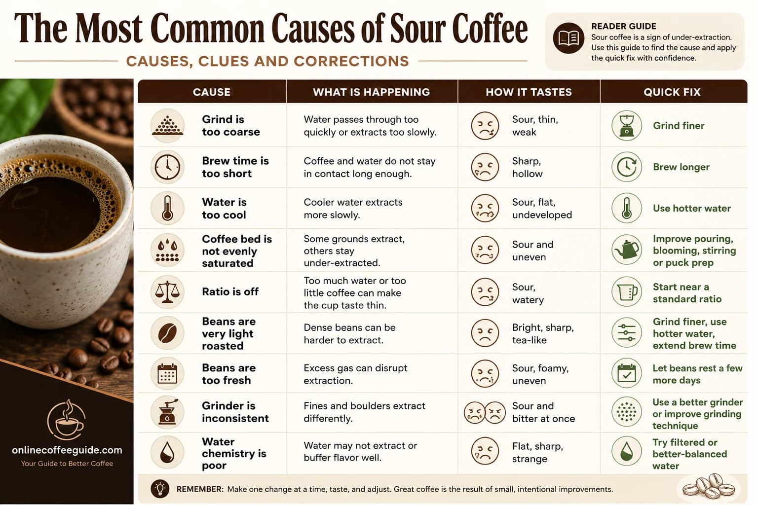 Infographic comparing nine causes of sour coffee with taste clues and quick fixes