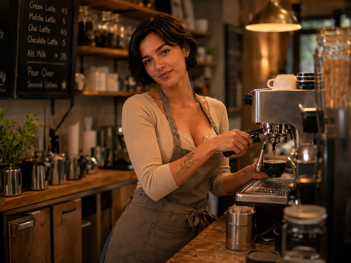 Mara Ellison testing espresso drink recipes for Online Coffee Guide