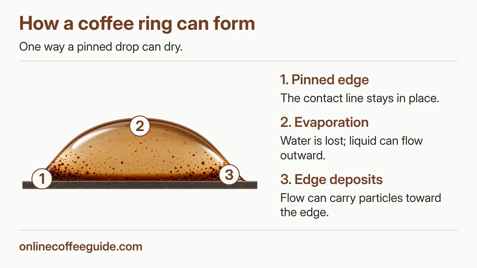 A drying drop has a fixed edge and suspended particles concentrated near its perimeter.