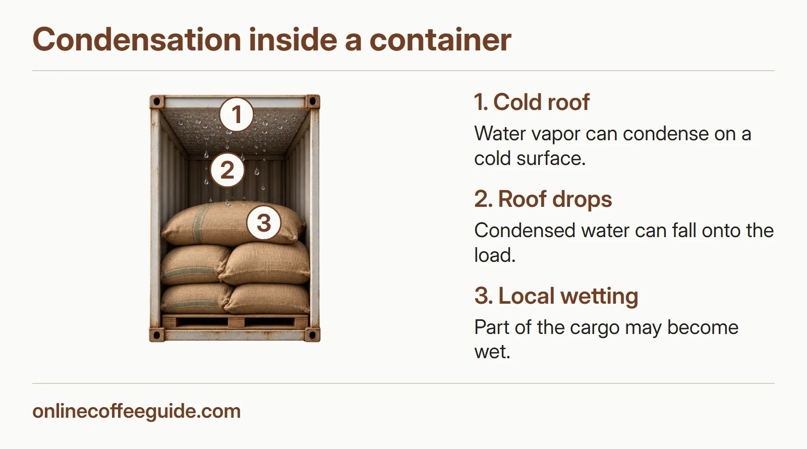 Water droplets collect beneath a container roof and fall toward the bags below.