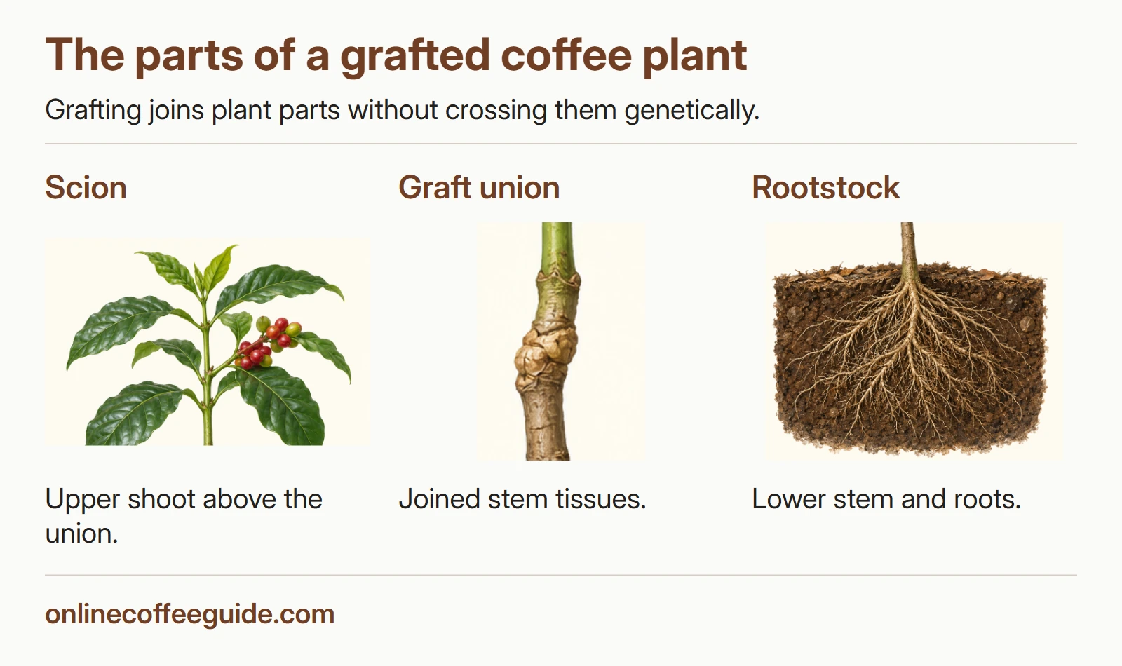 Three regions of one coffee plant identify the leafy upper scion, swollen graft union and lower rootstock with fibrous roots.