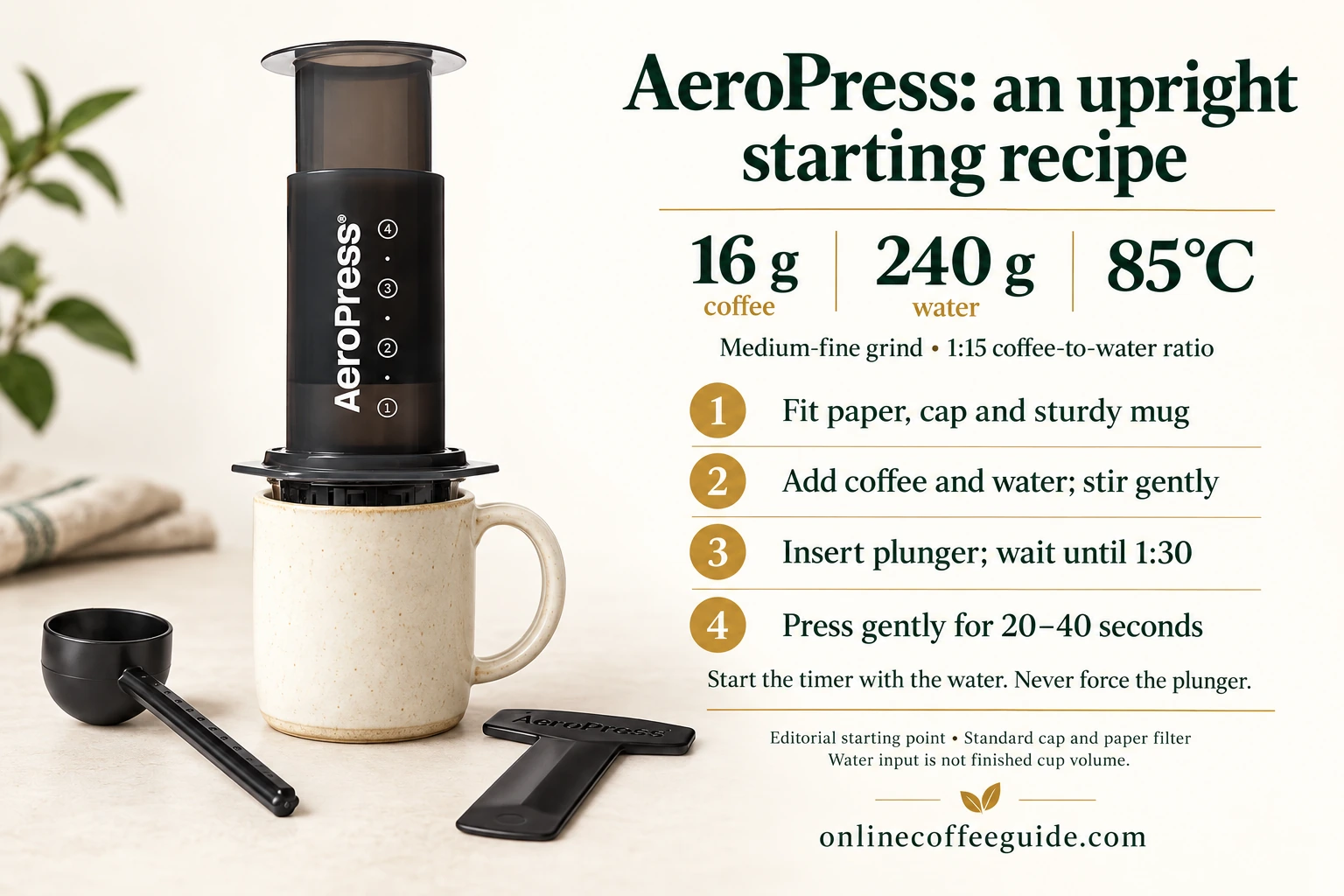 Upright AeroPress starting recipe: 16 g coffee, 240 g water at 85°C, medium-fine grind, wait until 1:30 then press gently for 20–40 seconds