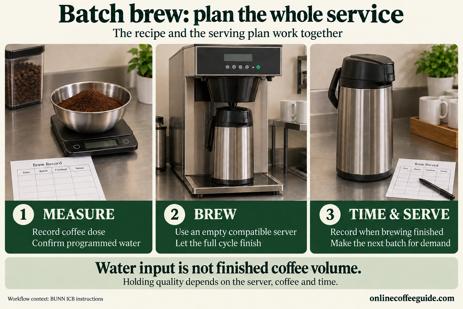 Batch coffee service workflow: measure and record the recipe, brew into an empty compatible server, then record the finish time and serve for demand.