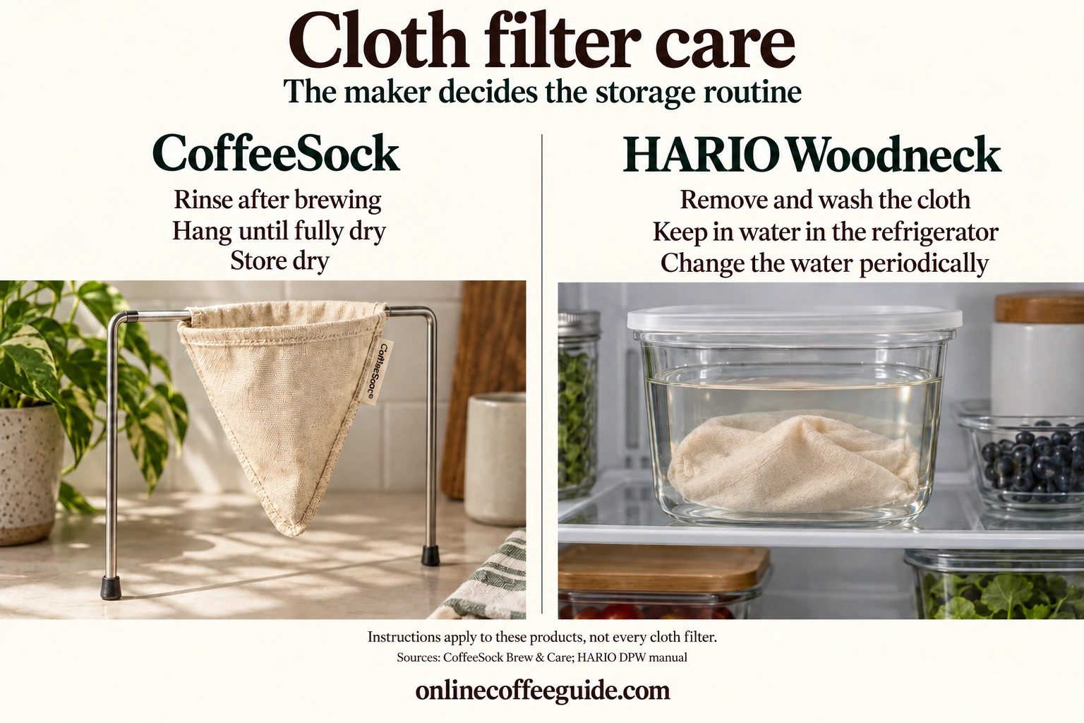 CoffeeSock cloth drying on a rack compared with a HARIO Woodneck cloth stored in water in a refrigerator