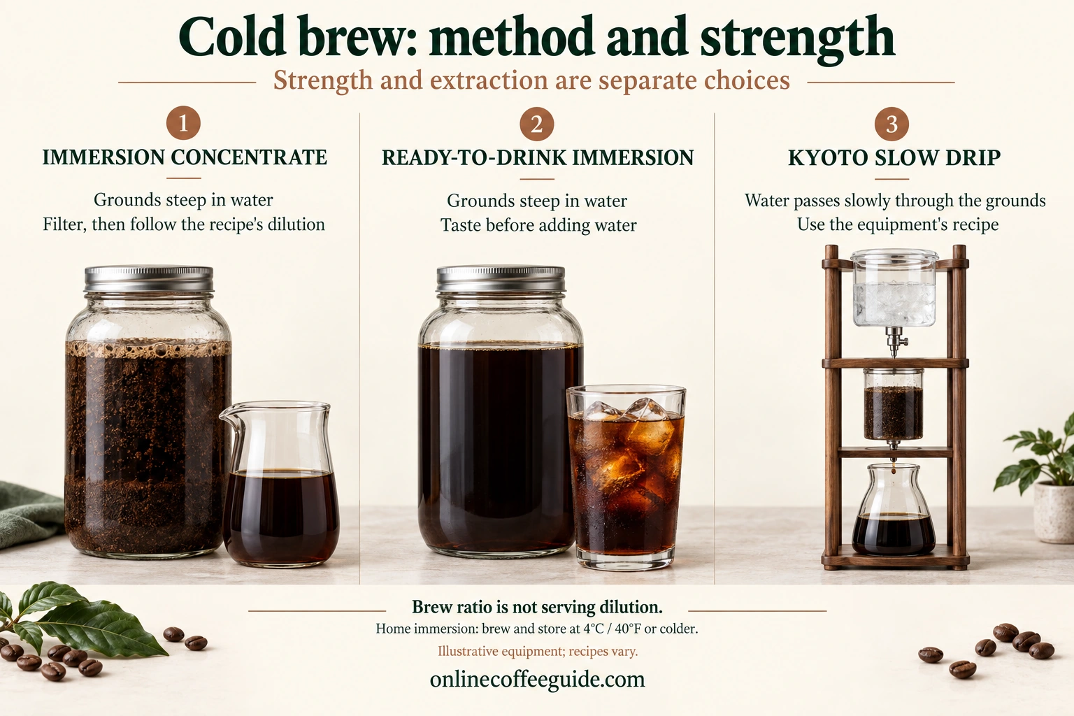 Immersion concentrate and ready-to-drink immersion both steep grounds in water; Kyoto slow drip passes water through a separate coffee bed.