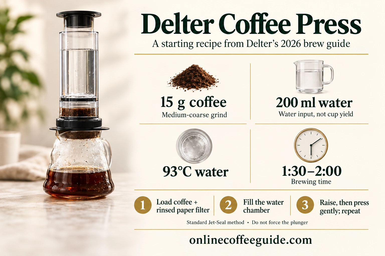 Delter recipe guide showing 15 g medium-coarse coffee, 200 ml water at 93 degrees Celsius and a 90 to 120 second raise-and-press brew