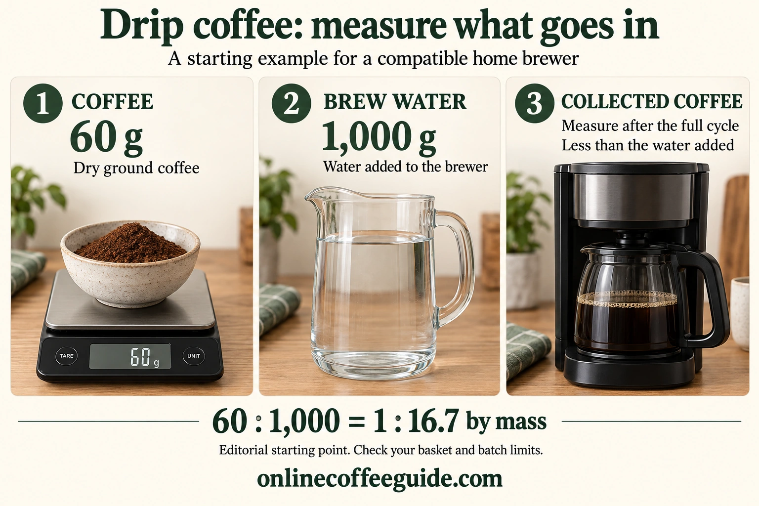 Drip coffee example separating 60 grams of dry coffee, 1,000 grams of brewing water and the smaller amount collected after brewing.