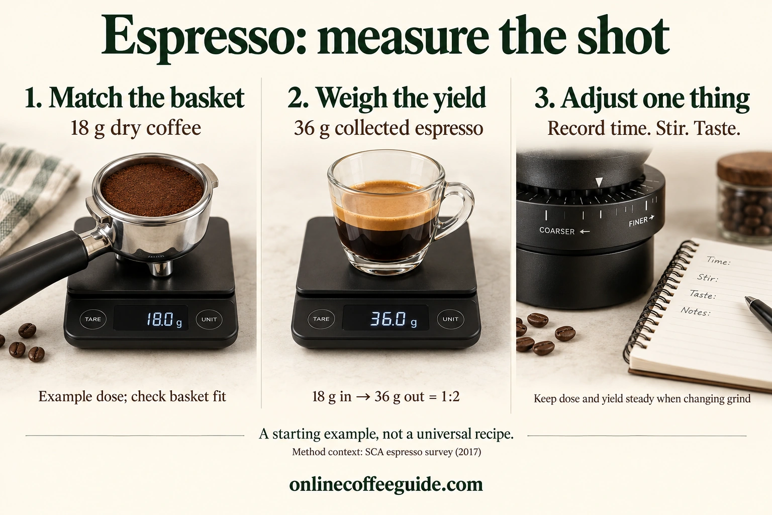 Espresso workflow: match the basket dose, weigh the collected espresso and adjust one variable after tasting.