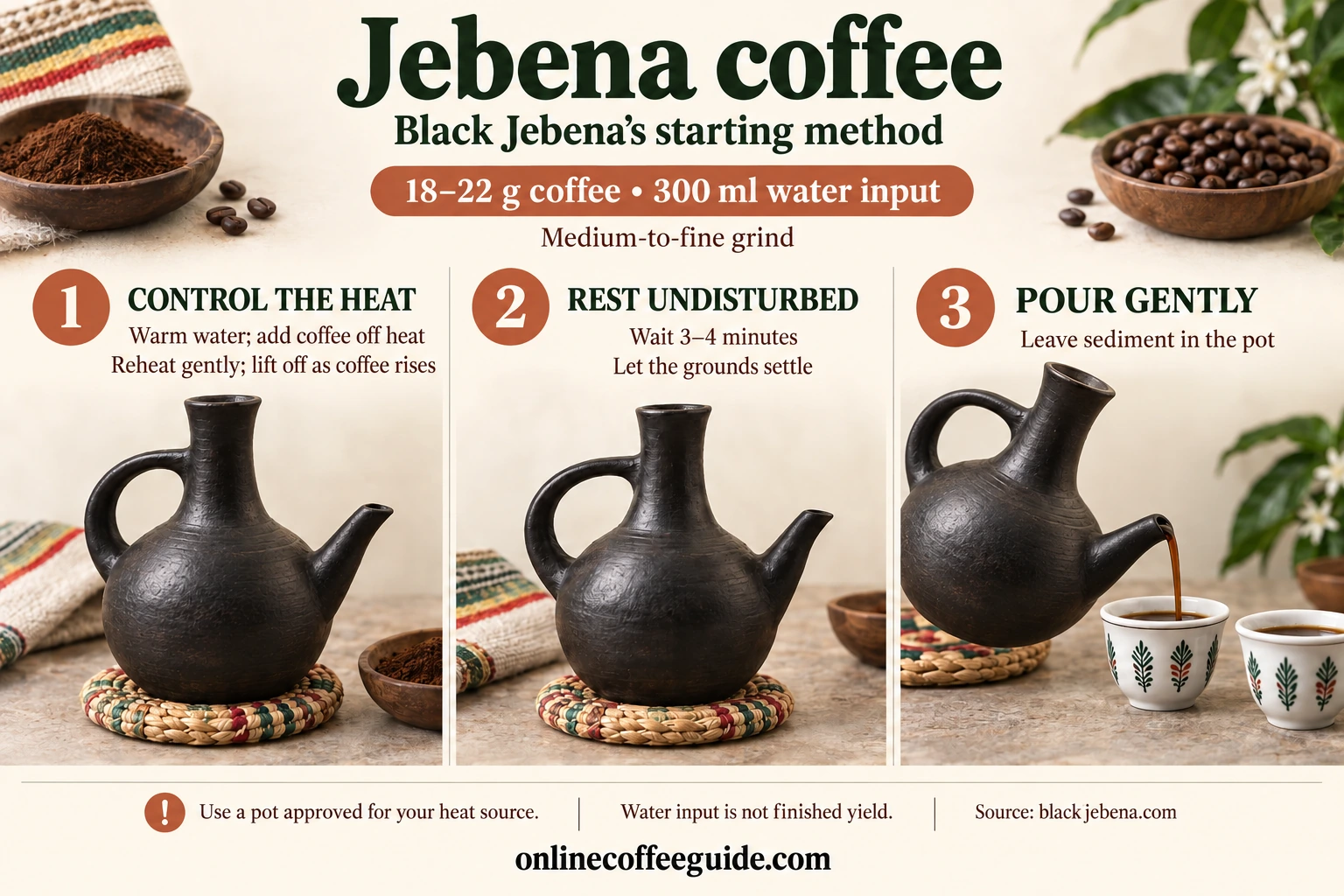 Jebena technique: control the heat, rest three to four minutes, and pour gently leaving the sediment behind