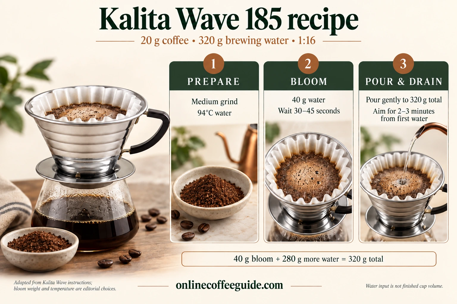 Kalita Wave 185 recipe: 20 g medium-ground coffee, 320 g water at 94°C, a 40 g bloom for 30–45 seconds and 280 g more water, aiming for 2–3 minutes from first water