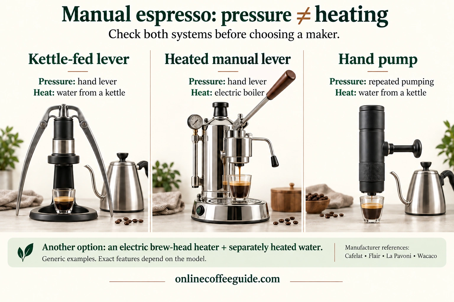 Manual espresso comparison separating hand-generated pressure from kettle water, electric brew-head preheating and electric boiler heating.
