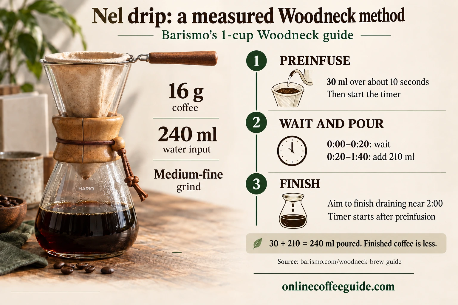 Barismo Woodneck method with 16 grams coffee, 30 milliliters preinfusion and 210 milliliters main pour, timing from after preinfusion