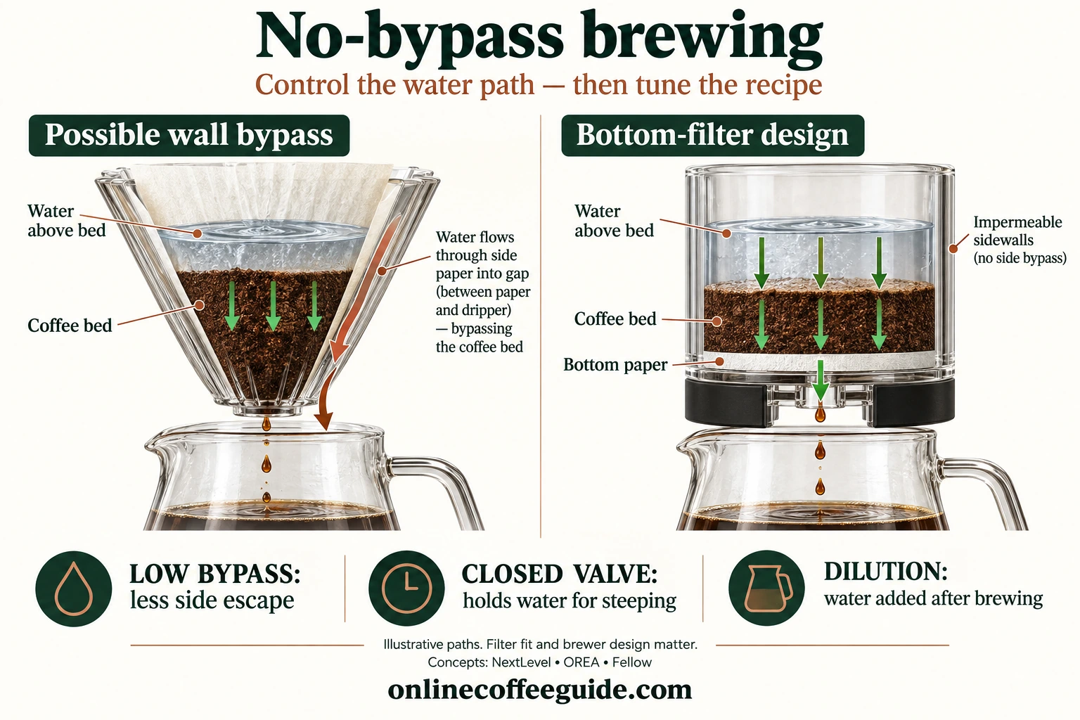 Cutaways compare possible water escape through side paper with a straight-wall bottom-filter route through the coffee bed